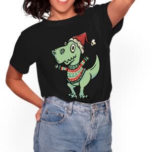 Camiseta Dinosaurio Navideño En Suéter - Camiseta negra con logo