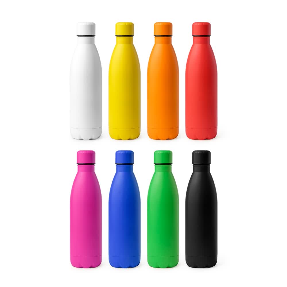 Botellas de agua reutilizables en diferentes colores.