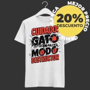 Camiseta Cuidado: Gato en modo Destructor - Camiseta blanca con logo