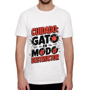 Camiseta Cuidado: Gato en modo Destructor - Camiseta blanca con logo