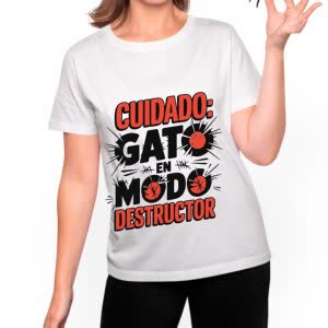 Camiseta Cuidado: Gato en modo Destructor - Camiseta blanca con logo