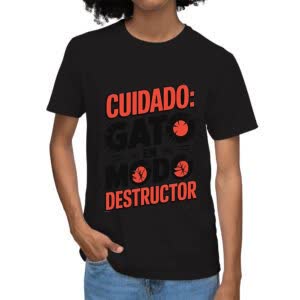 Camiseta Cuidado: Gato en modo Destructor - Camiseta negra con logo