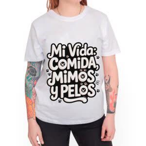 Camiseta Mi vida, Comida y Pelos - Camiseta blanca con logo