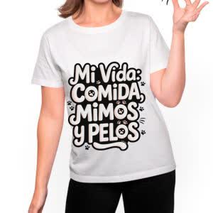 Camiseta Mi vida, Comida y Pelos - Camiseta blanca con logo